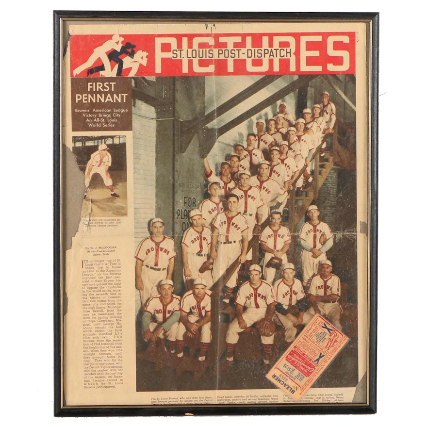 &quot;St Louis Post Dispatch&quot; Framed Newspaper of St. Louis Browns with Ticket Stub | EBTH