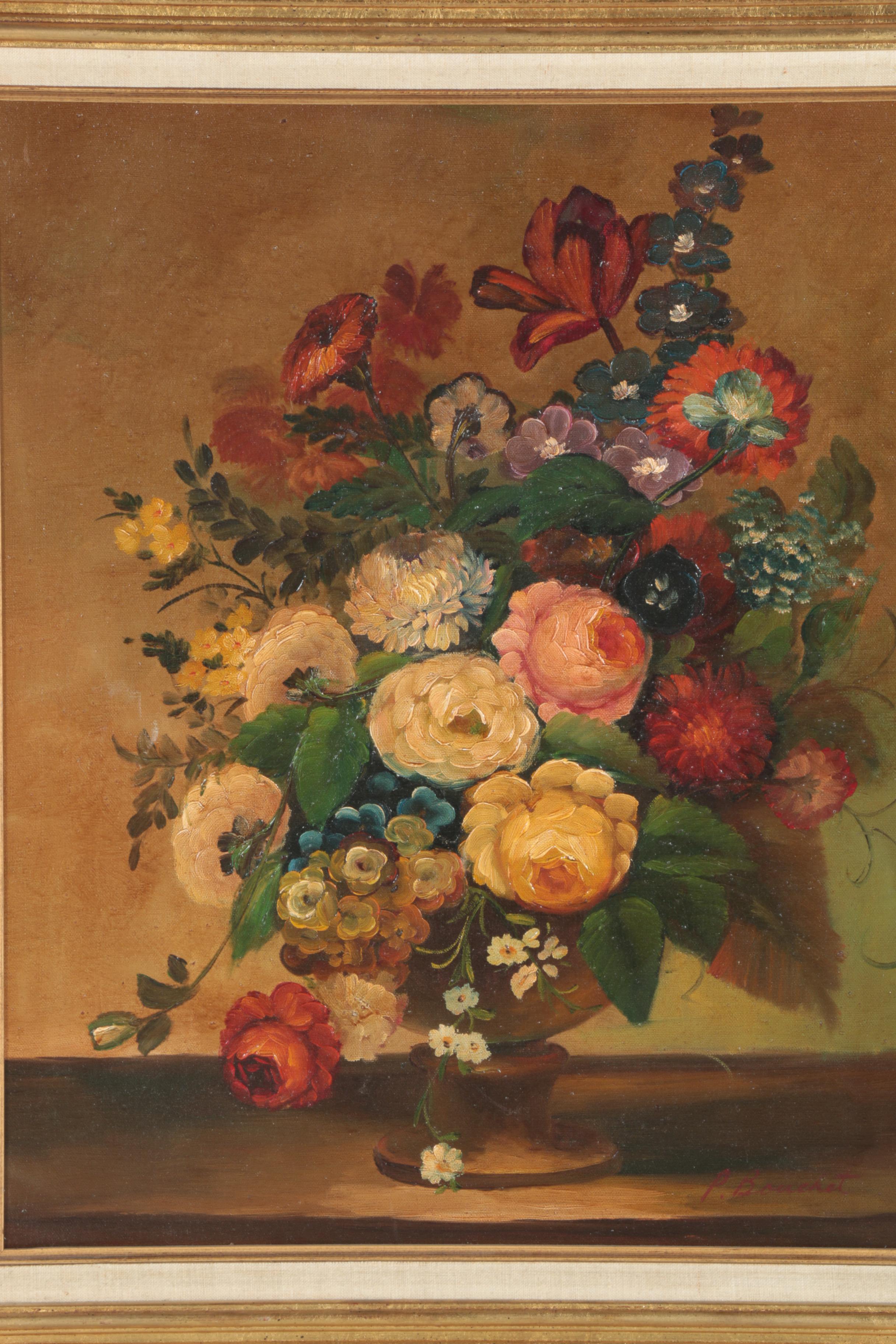P. Bouchet Still Life Oil on Canvas of Vase Overflowing With Flowers EBTH