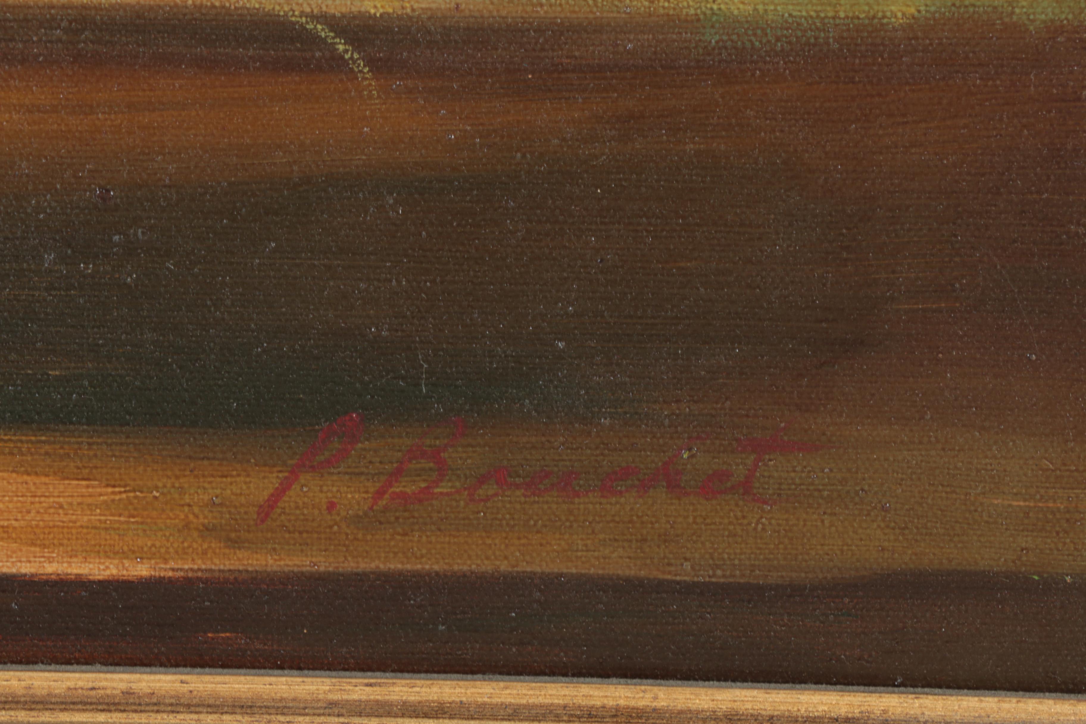 P. Bouchet Still Life Oil on Canvas of Vase Overflowing With Flowers EBTH