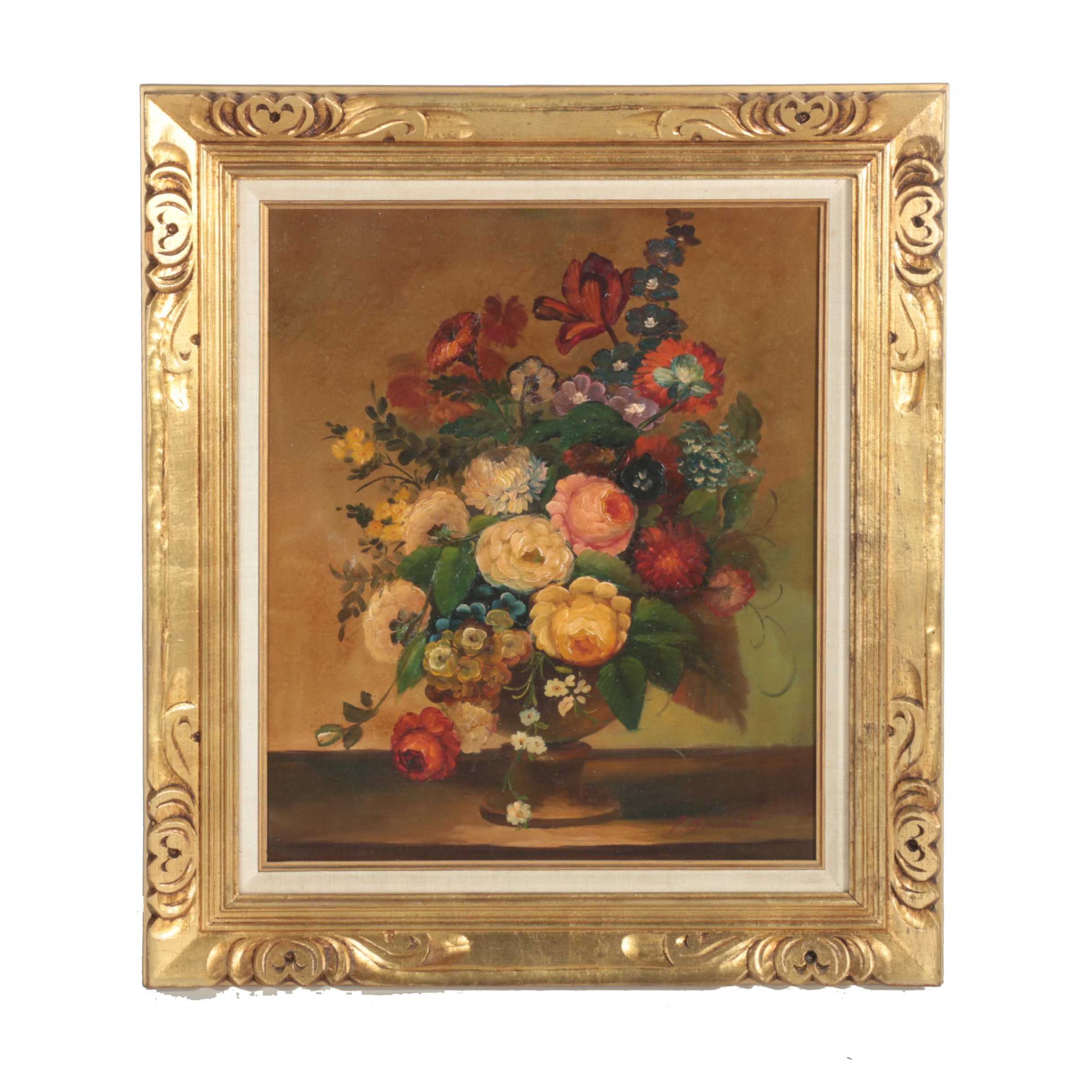 P. Bouchet Still Life Oil on Canvas of Vase Overflowing With Flowers EBTH