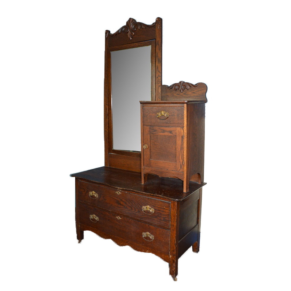 Vintage Oak Gentleman's Chest with Mirror and Hatbox EBTH