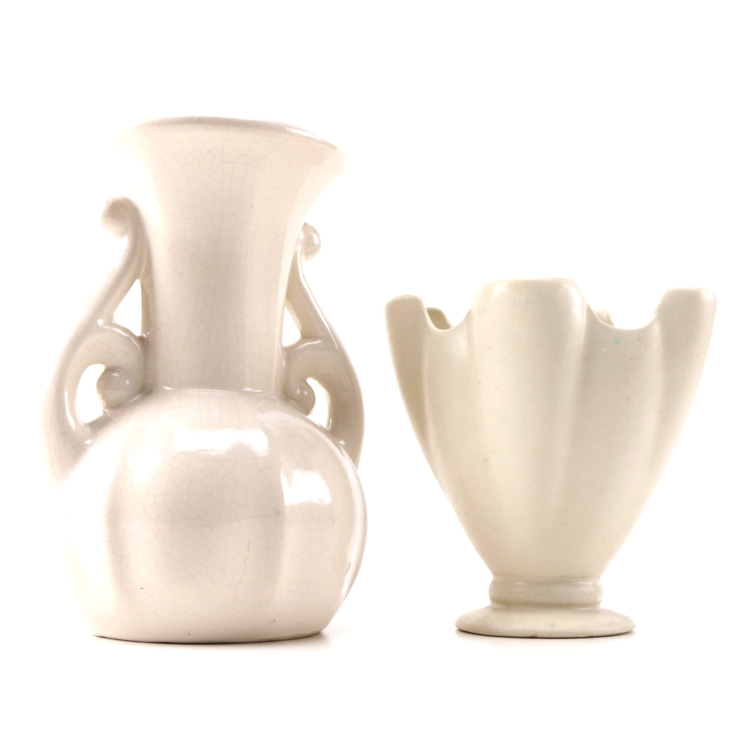 Pair Of White Glazed Pottery Vases Including Rumrill Ebth