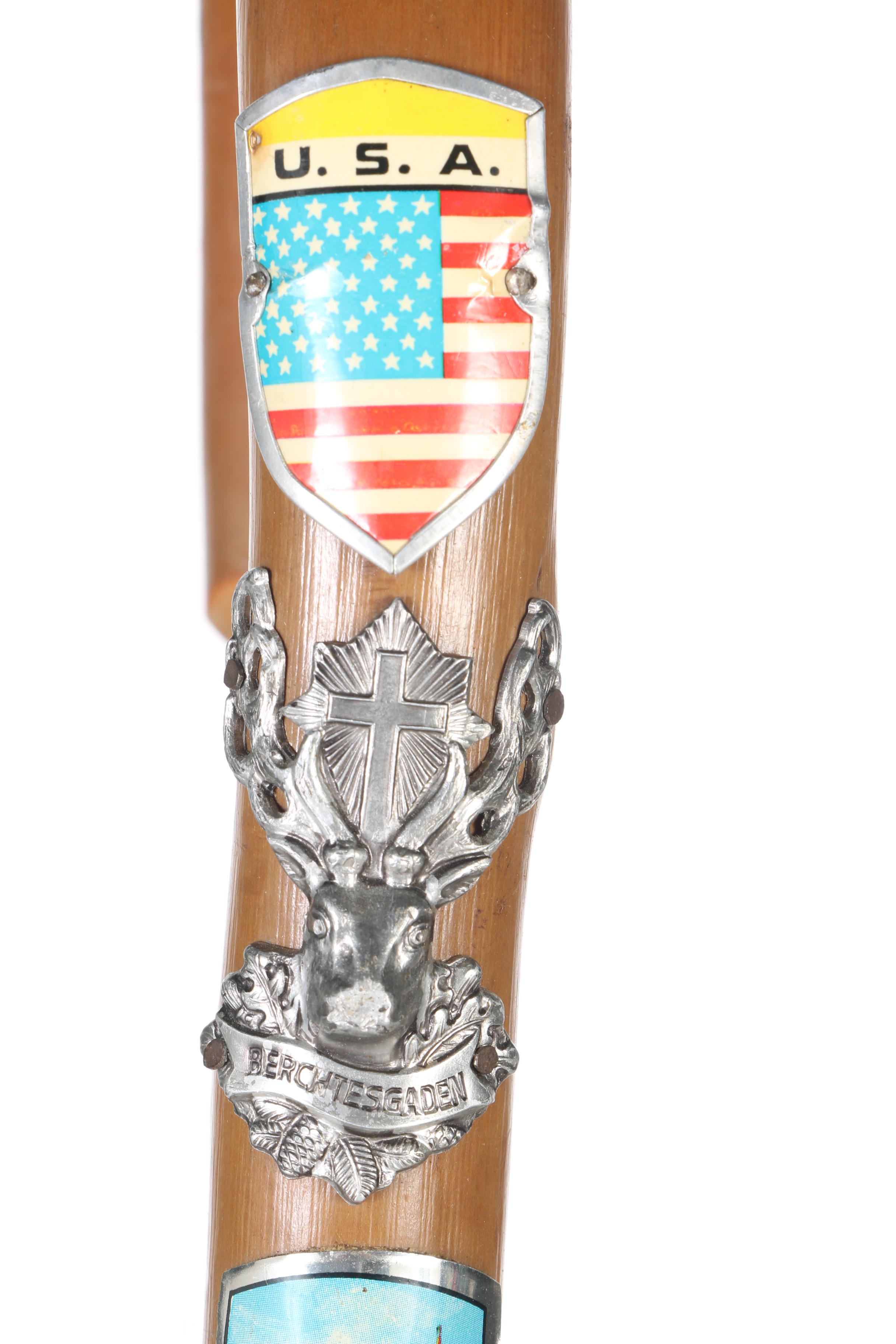 Wood Walking Cane with Travel Badges EBTH