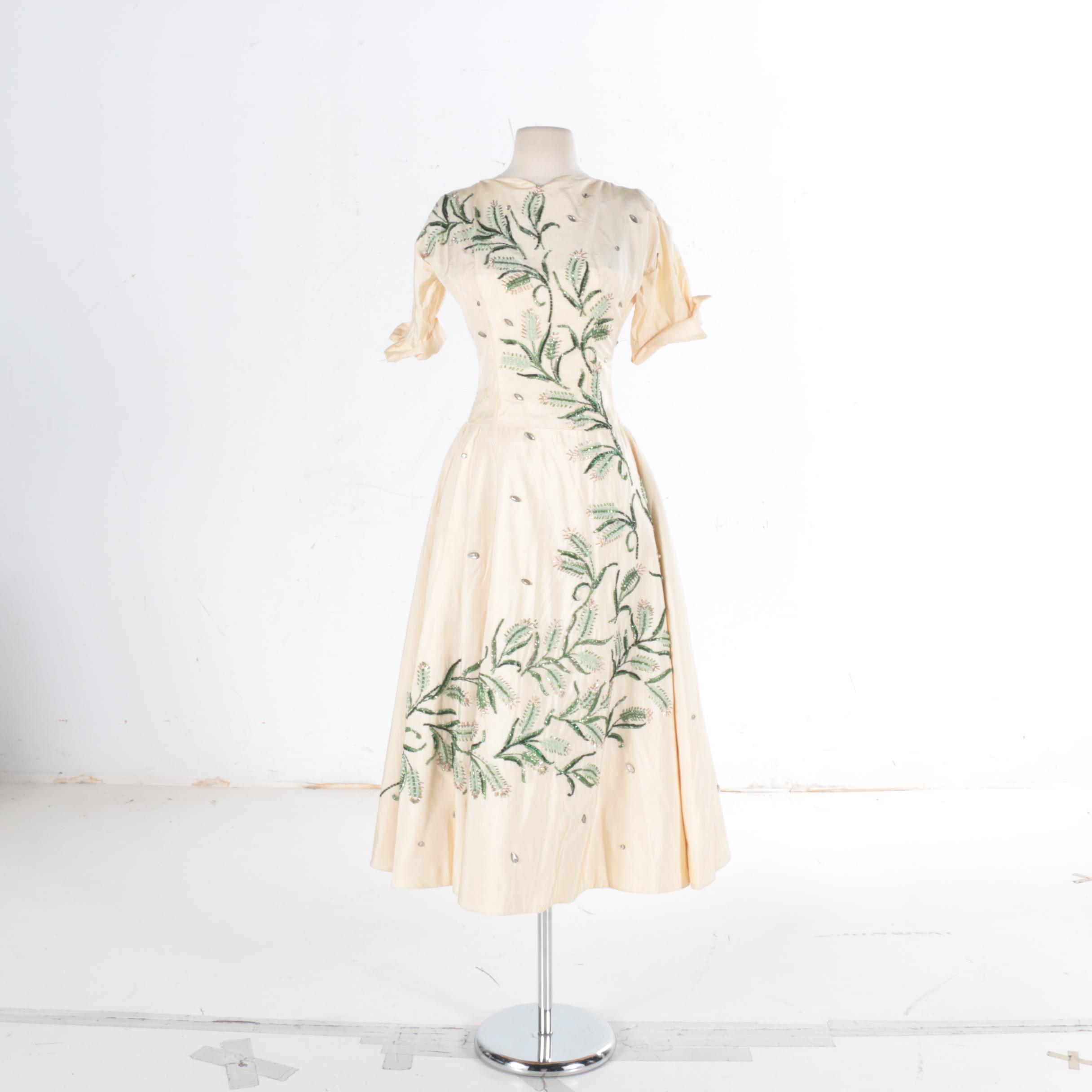 Vintage 1950's Silk Twill Dress with Beaded Accents EBTH