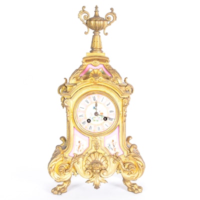 Phillipe Mourey French Gilt Mantel Clock with Sèvres Style Panels Phillipe Mourey French Gilt Mantel Clock with Sèvres Style Panels