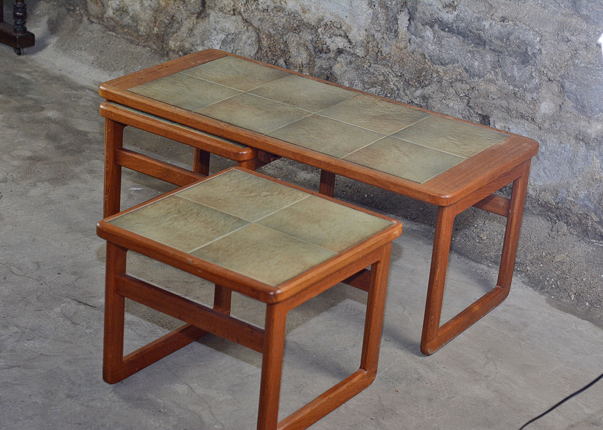Danish Modern Teak Tile Top Table with Nesting Stools EBTH