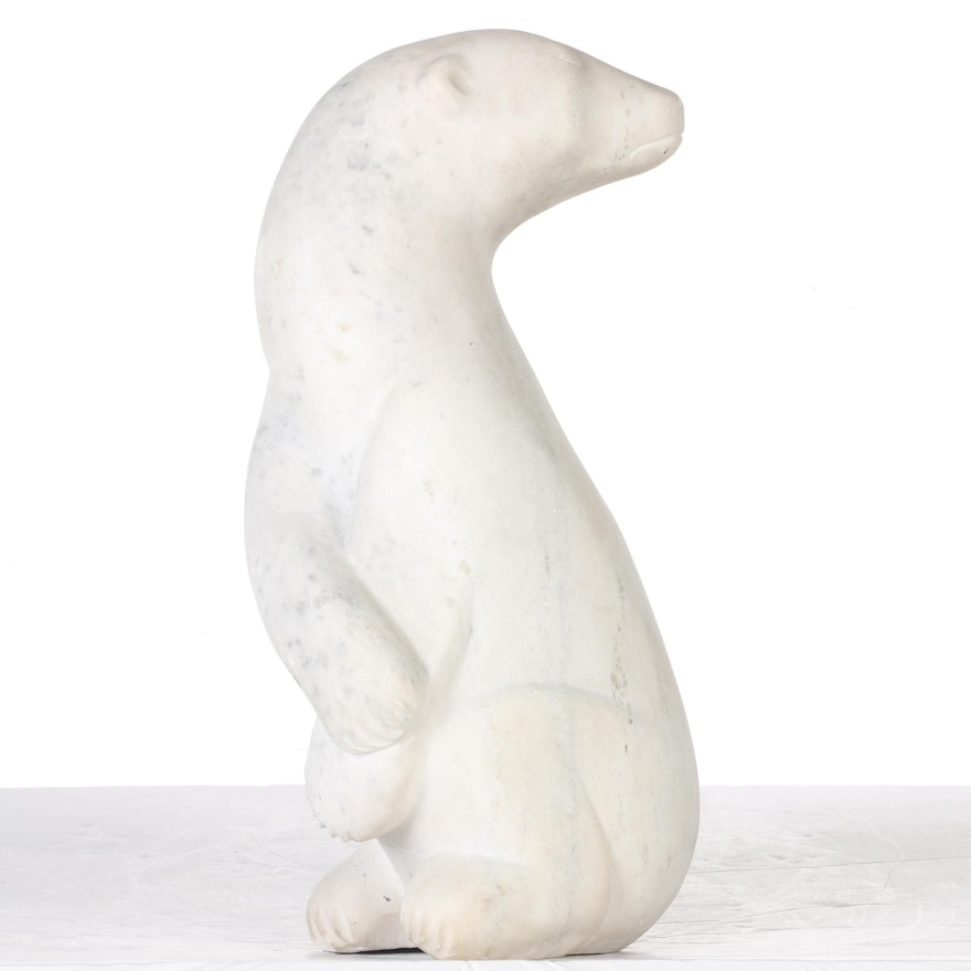 Carved White Marble Polar Bear Figure