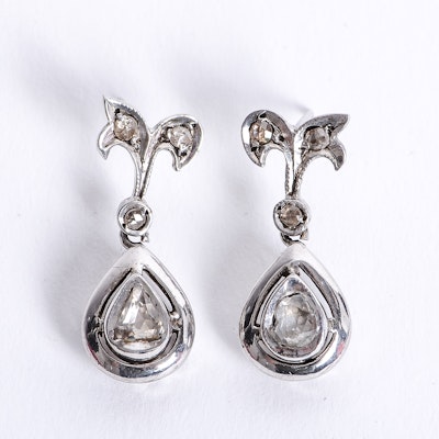 10K Antique White Gold and Rose Cut Diamond Drop Earrings