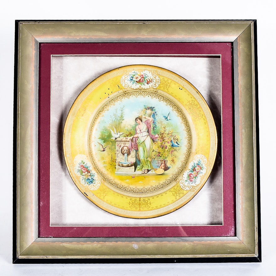 Antique Hand-Painted Porcelain Plate in a Display Frame