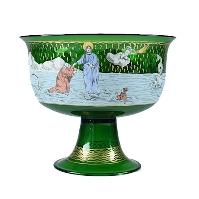 Murano Glass Compote with Painted Scene of Jesus Walking on Water
