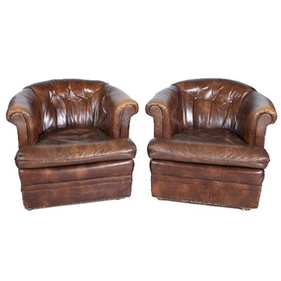 Vintage Leather Barrel-Back Club Chairs Vintage Leather Barrel-Back Club Chairs