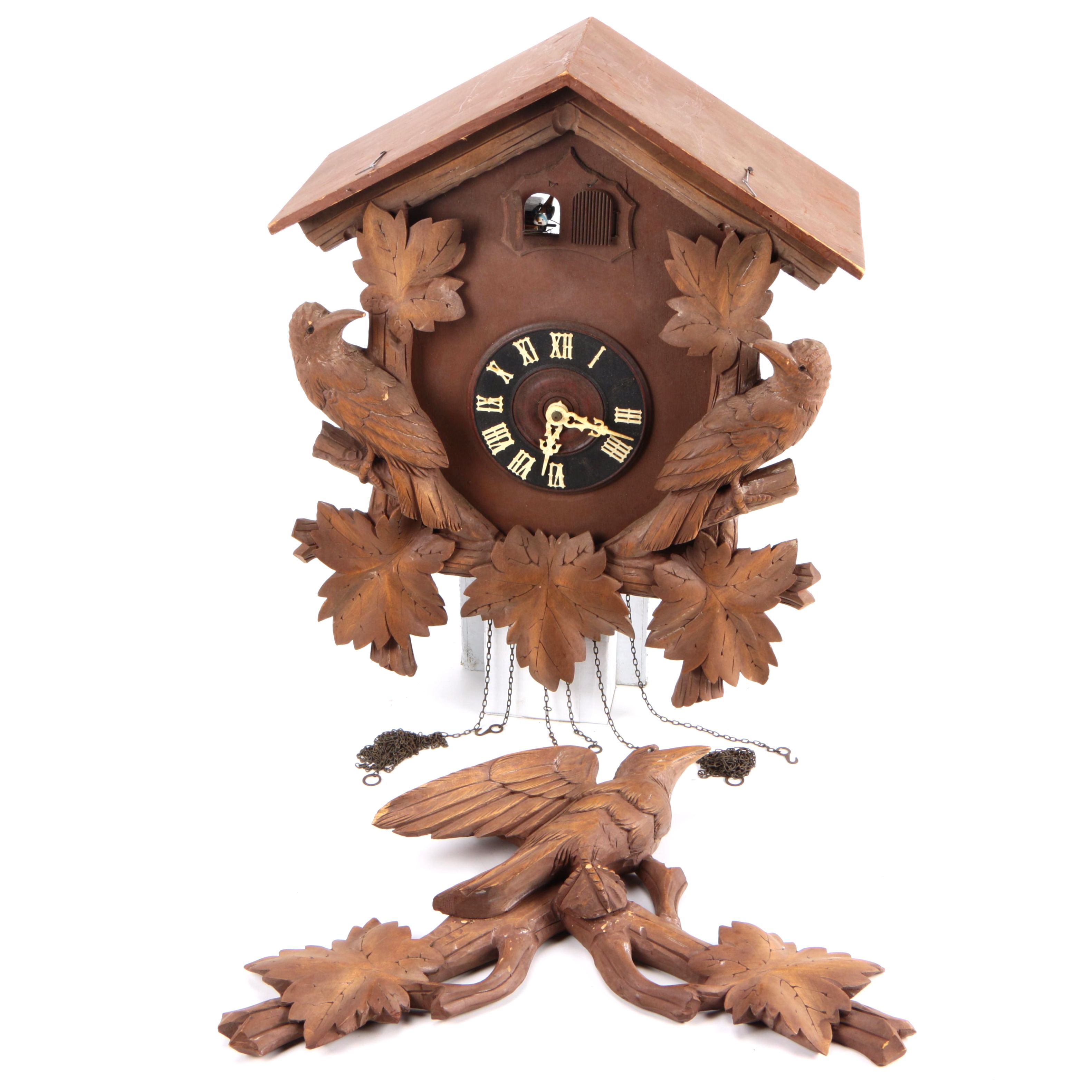 Wooden Cuckoo Clock With Blue and Gray Bird EBTH