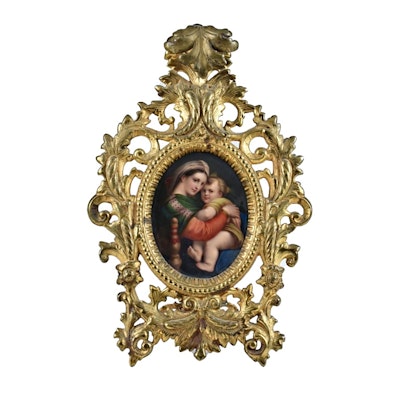 German Porcelain Madonna and Child Plaque in an Ornate Frame German Porcelain Madonna and Child Plaque in an Ornate Frame