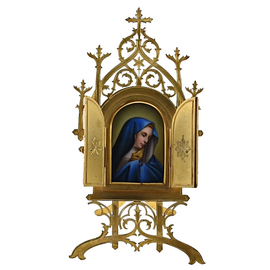 Hand Painted Porcelain Plaque of Madonna in Brass Frame