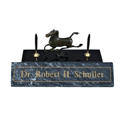 Dr. Robert Sch Marble Desk Plate and Pen Holder with Bronze Horse Dr. Robert Sch Marble Desk Plate and Pen Holder with Bronze Horse