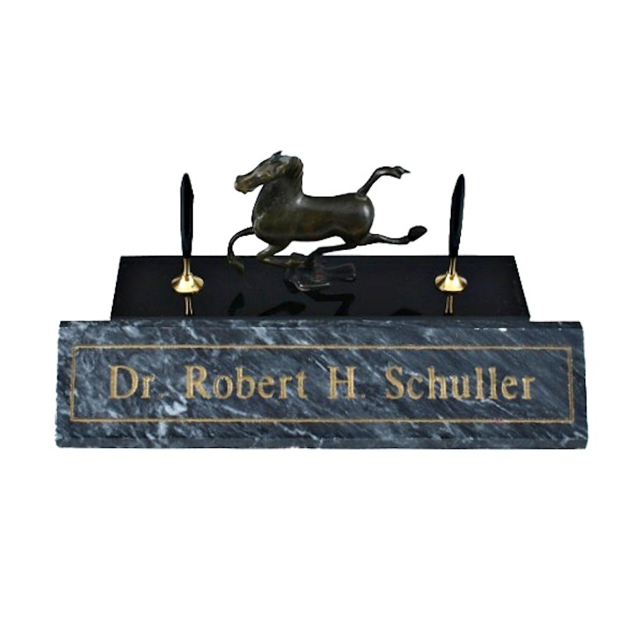 Dr. Robert Sch Marble Desk Plate and Pen Holder with Bronze Horse