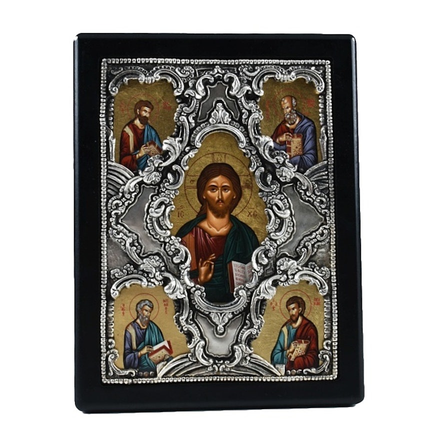 Greek Polychrome Icon with a Sterling Silver Oklad