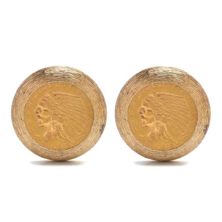 1913 Indian Head 23K Yellow Gold Coin Cufflinks in 14K Setting