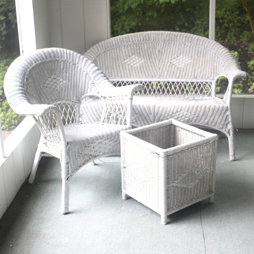 White Wicker Patio Furniture With Loveseat Chair And Planter Ebth