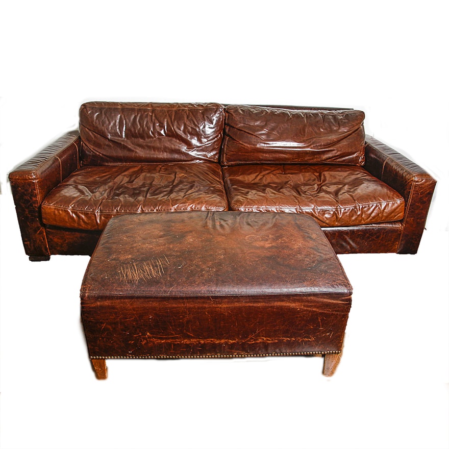 Restoration Hardware Leather Sofa with Ottoman : EBTH