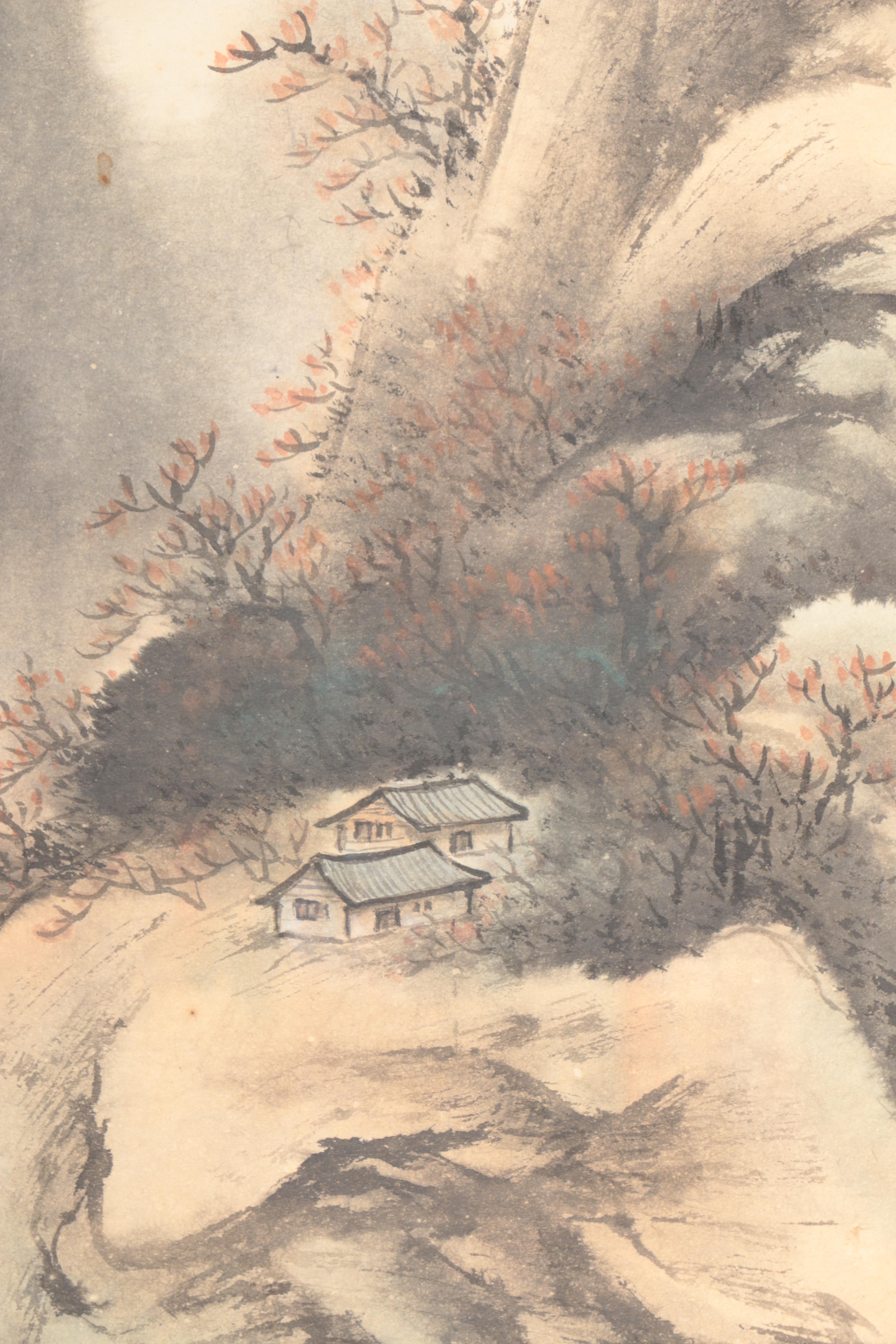 Original East Asian Watercolor and Ink Landscape Painting on Rice Paper Mounted to Silk Hanging