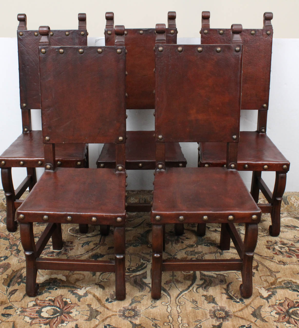 Antique Peruvian Handcrafted Leather Tooled Dining Chair Set EBTH