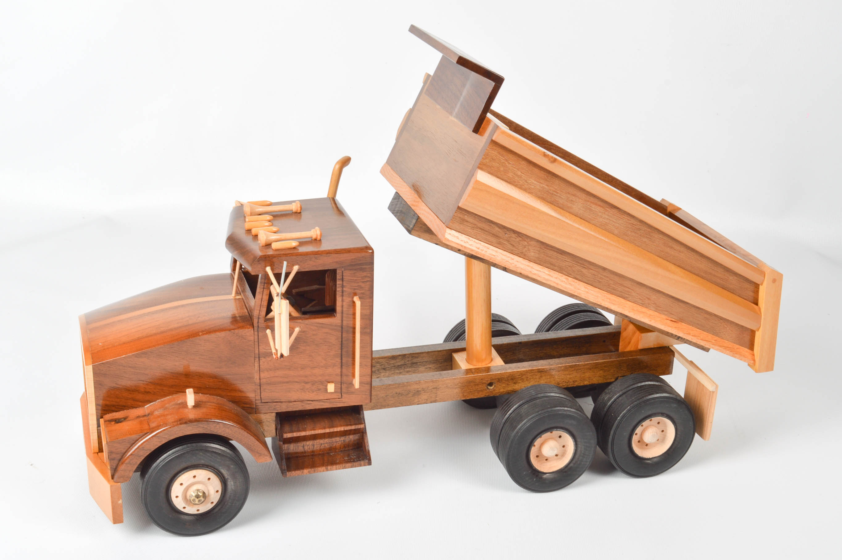 Handcrafted Wooden Dump Truck With Backhoe and Trailer | EBTH