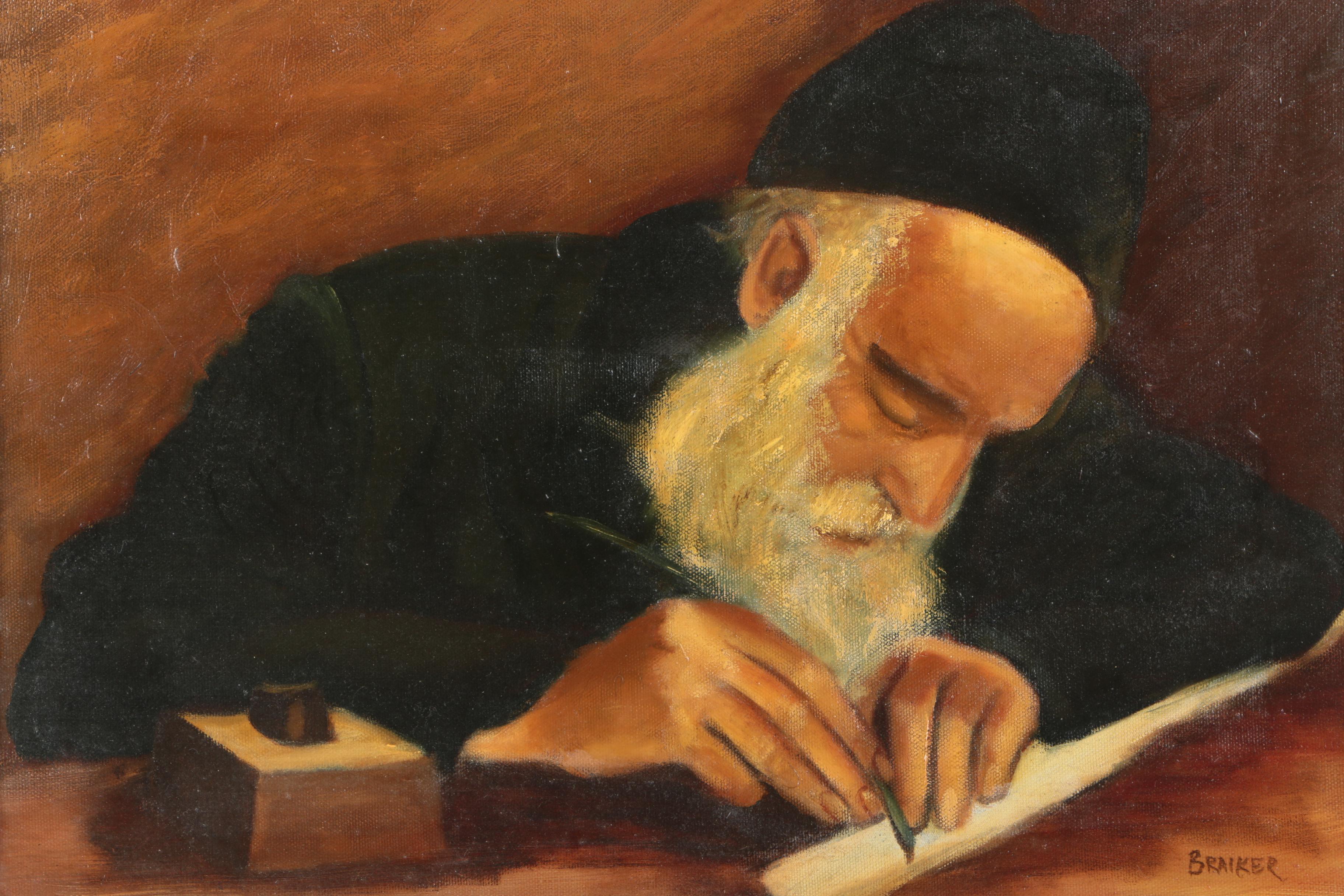 Braiker Oil Painting of Old Man Writing | EBTH