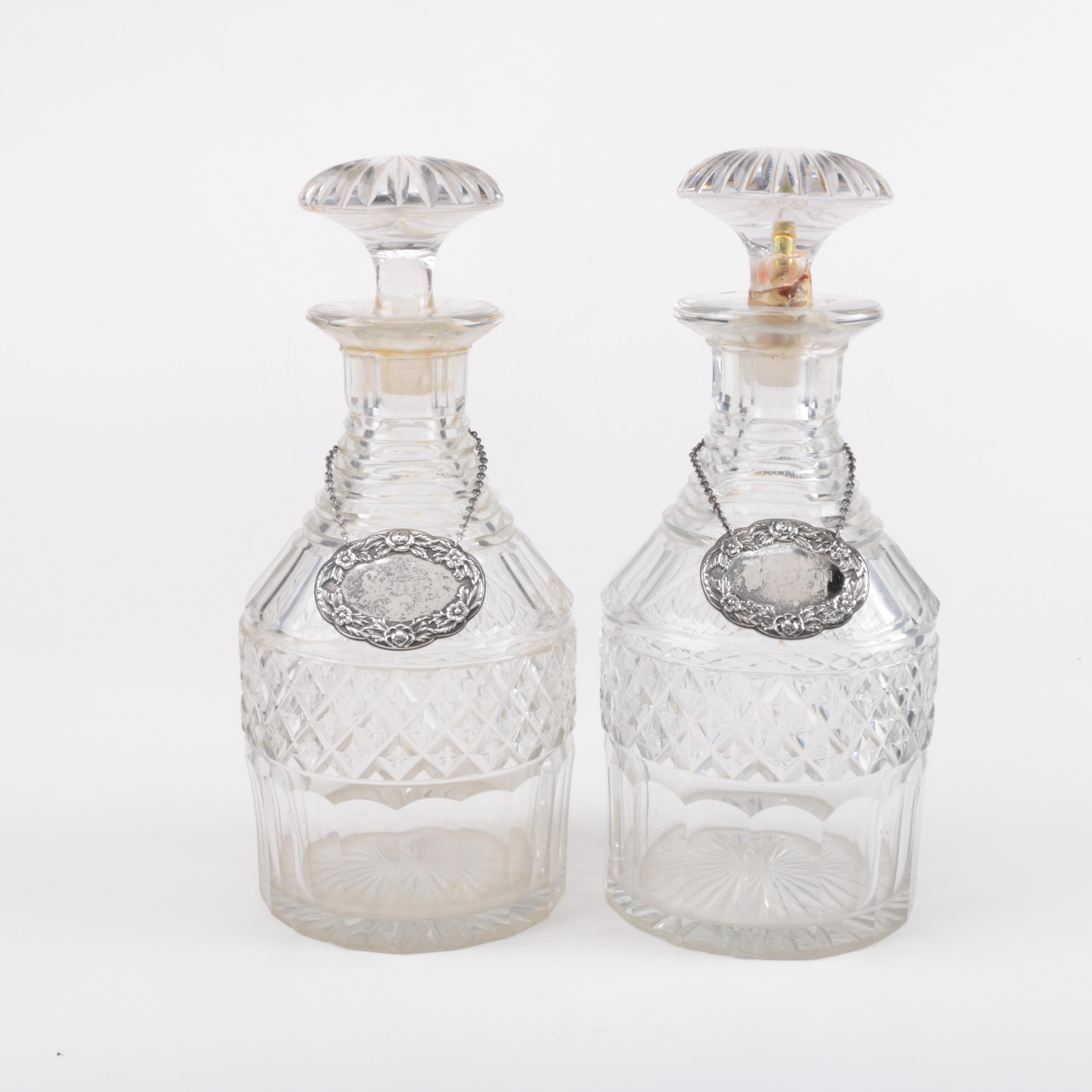Pair of Crystal Decanters with Sterling Silver Labels EBTH