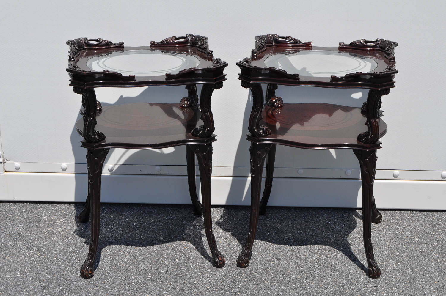 Ornately Carved Lacquered Wood Glass Topped Side Table Pair EBTH