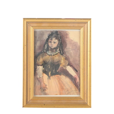 Framed Watercolor Painting of Young Woman