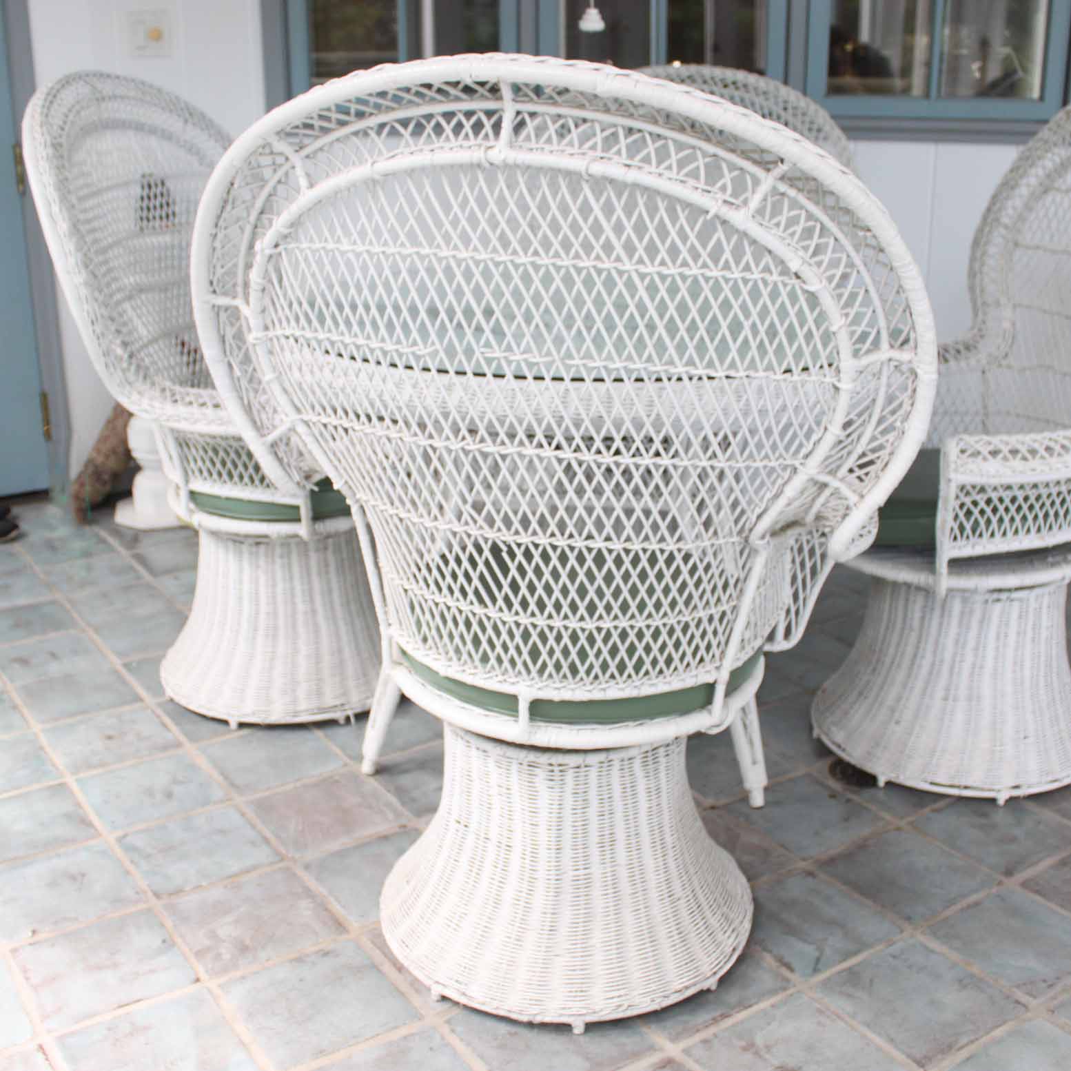 Vintage White Wicker Patio Chairs, Table, and Lantern | EBTH