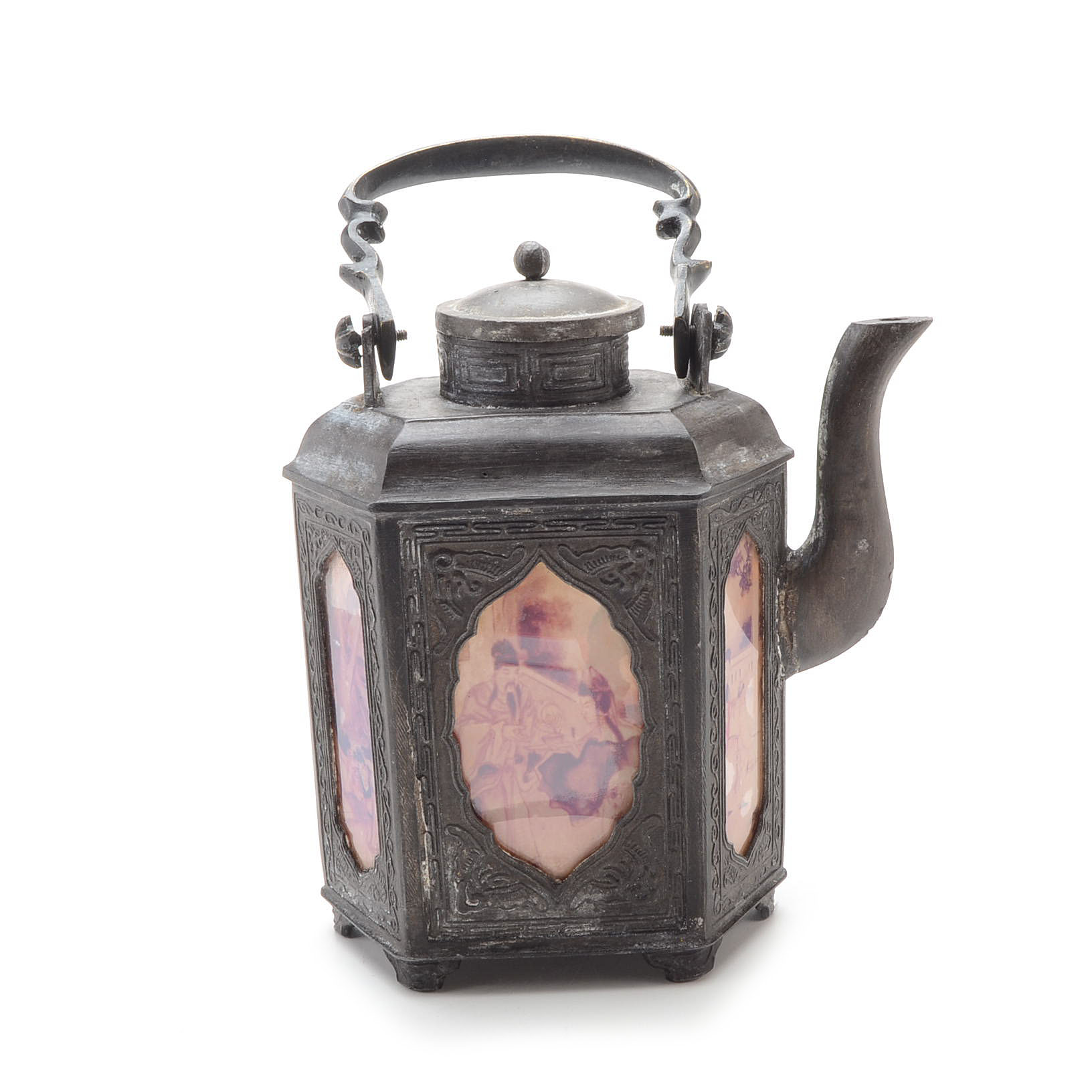 Vintage Pewter Chinese Teapot with Painted Panels EBTH
