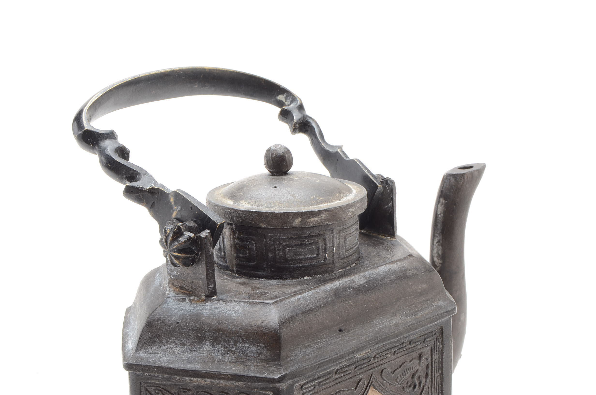 Vintage Pewter Chinese Teapot with Painted Panels EBTH
