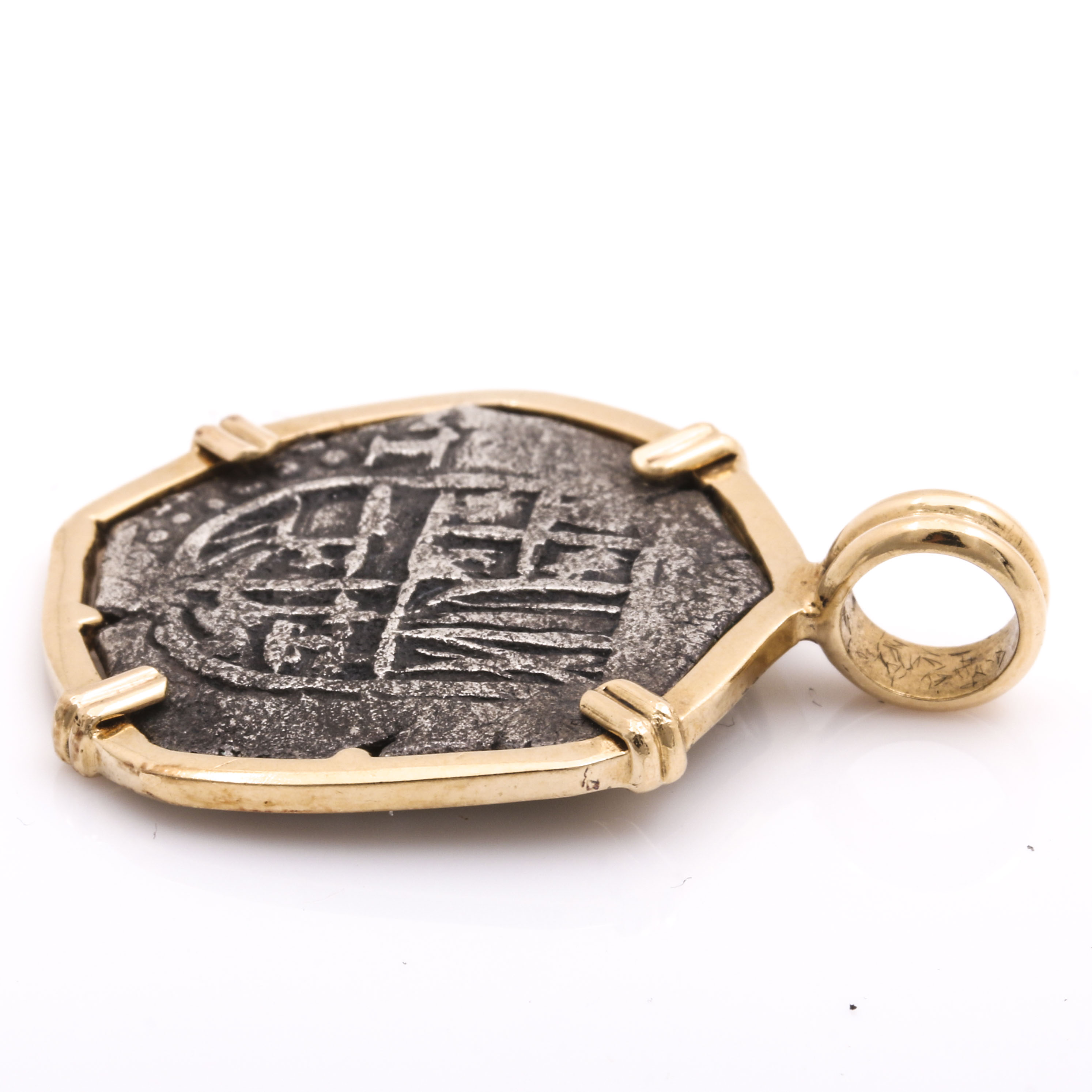 Fine Silver Spanish Colonial Cob in 14K Gold Pendant Setting EBTH