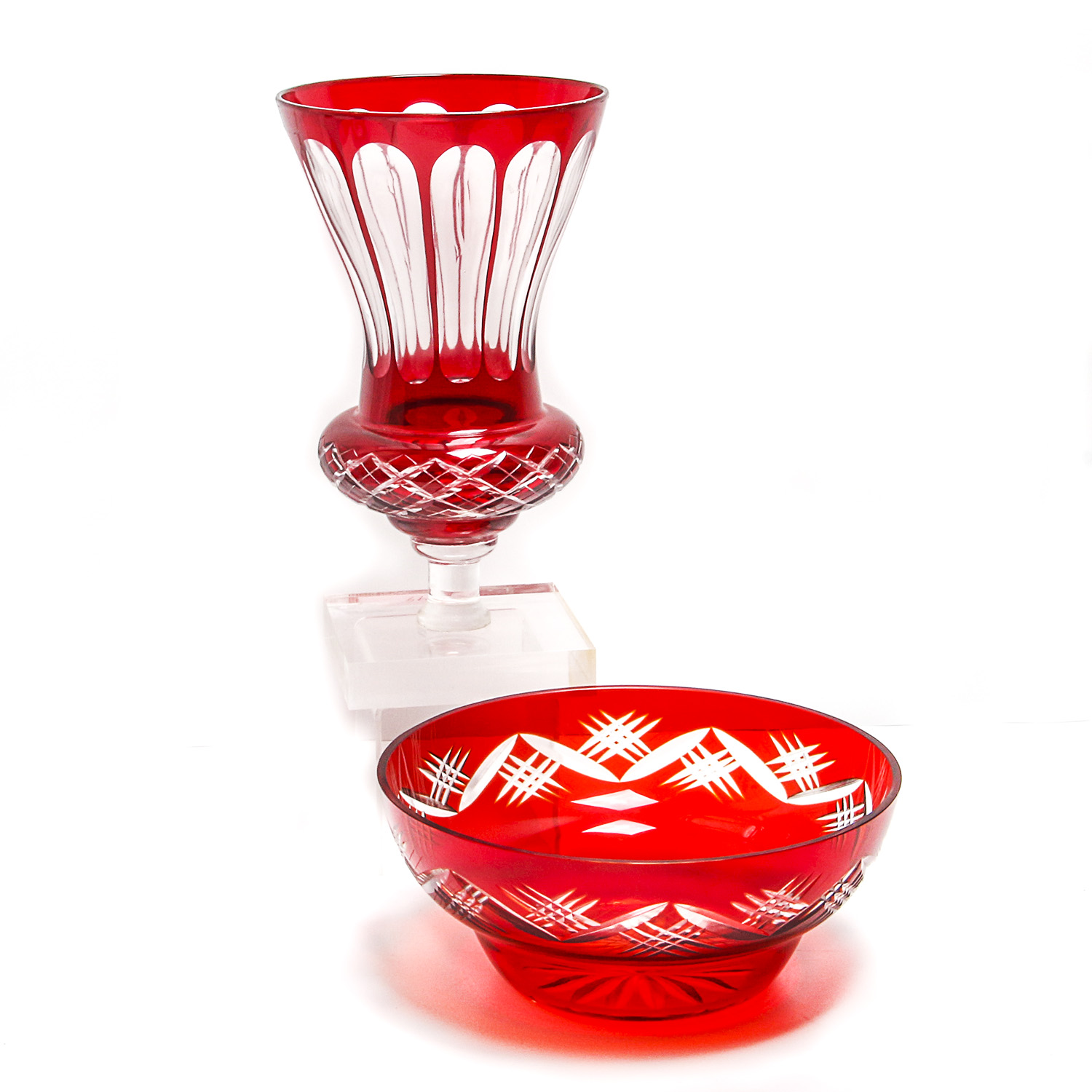 Red to Clear Cut Glass Vase and Bowl EBTH