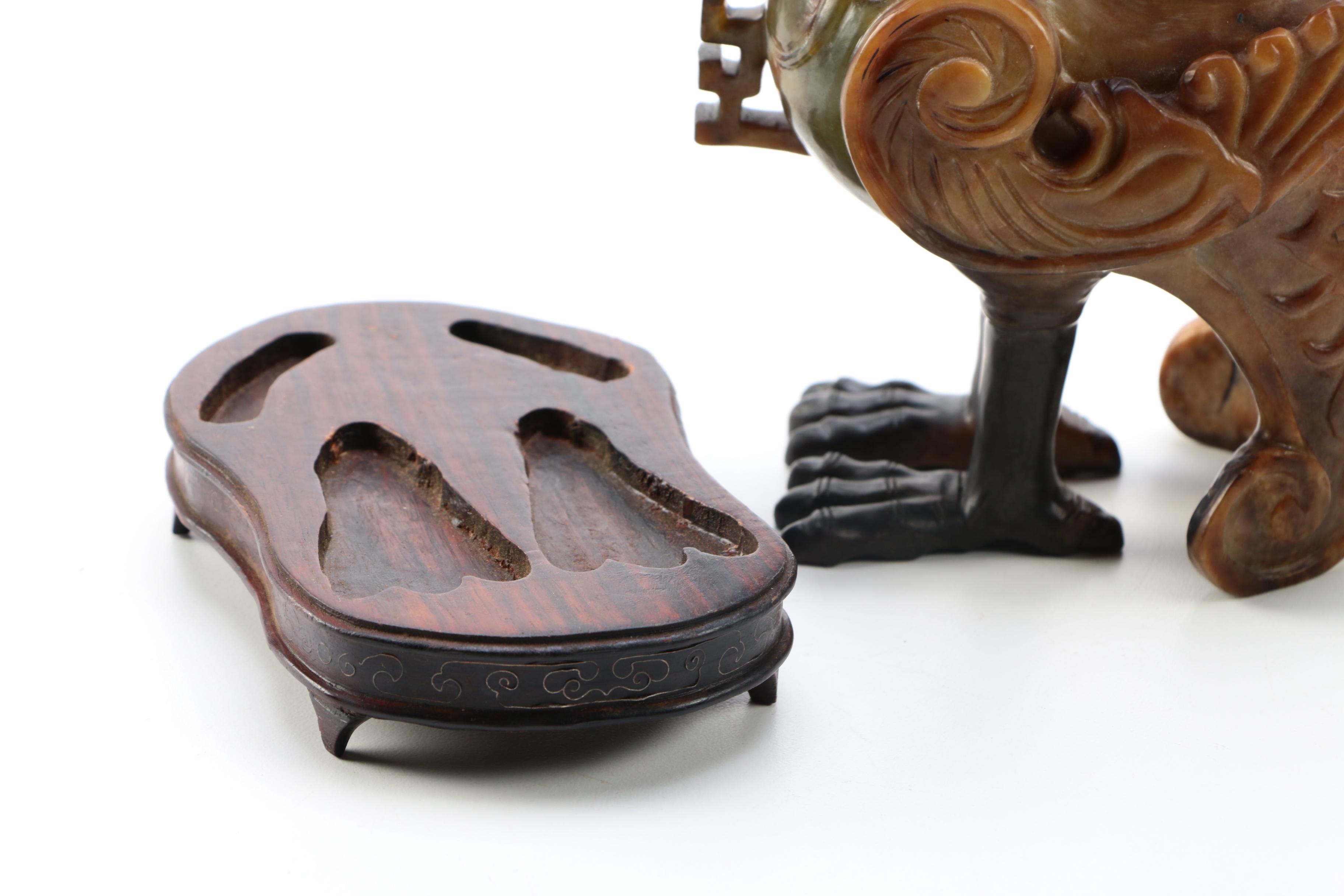 Chinese Soapstone Phoenix Vase With Wooden Base EBTH