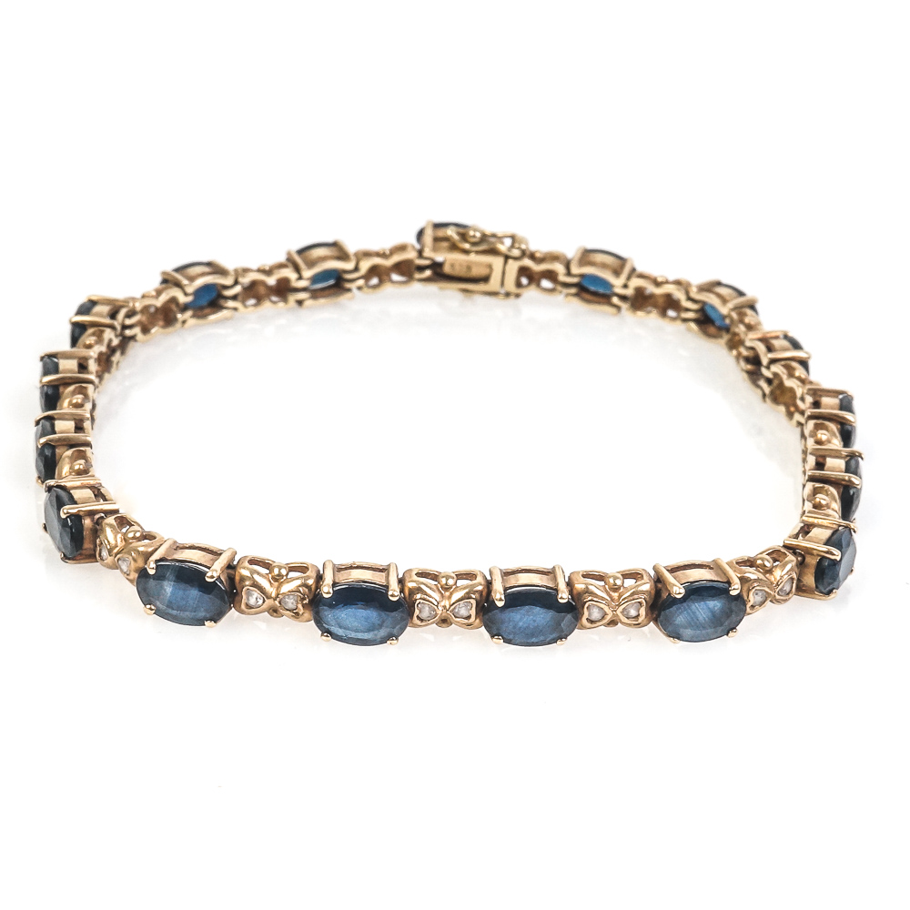 14K Yellow Gold, 8.50 CTW Sapphire, and Diamond Tennis Bracelet EBTH
