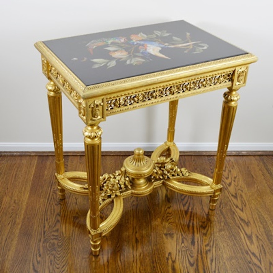 Louis XVI Style Pietra Dura Bird Gilt Wood Side Table, Circa 1920s