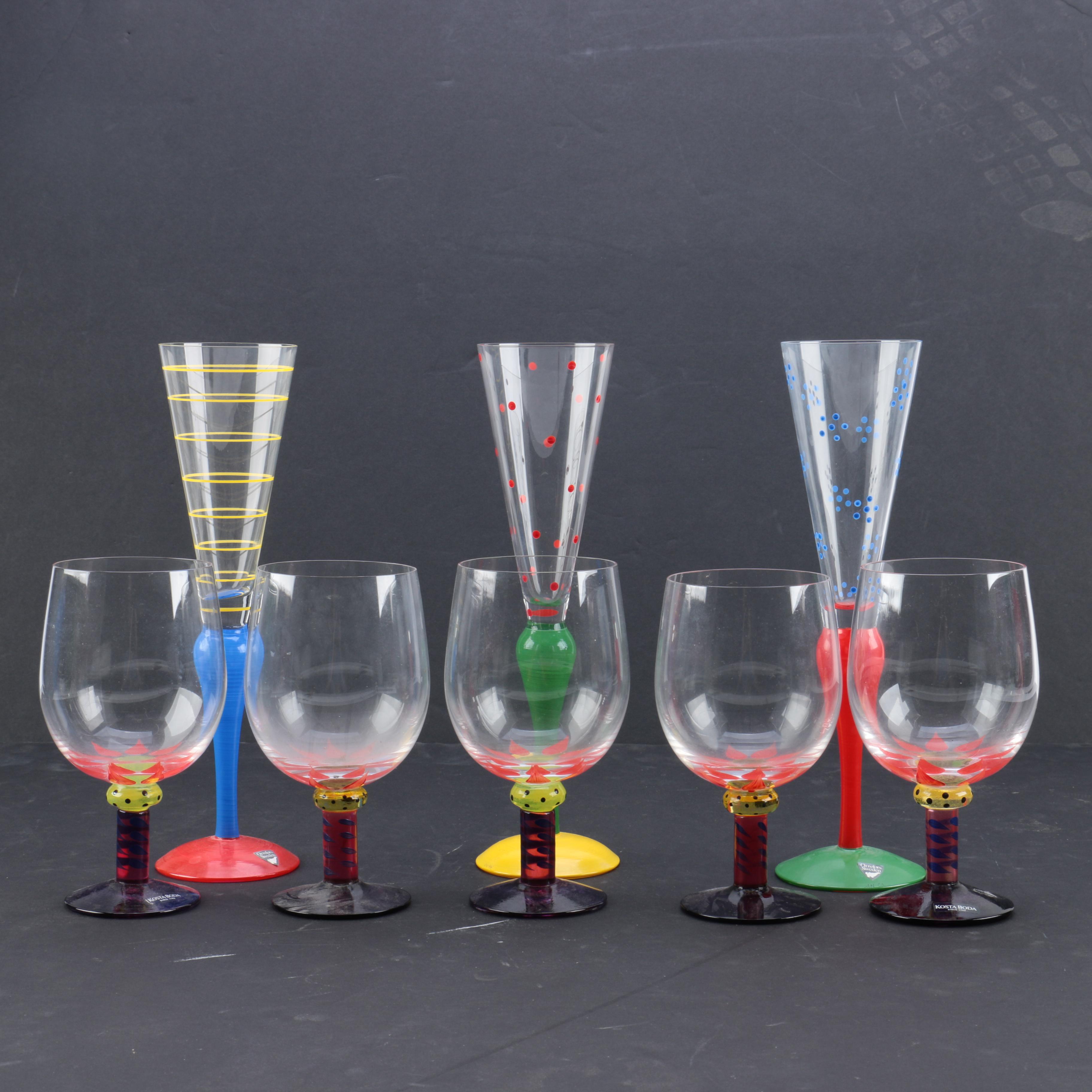 Kosta Boda "Palm Tree" Goblets and Orrefors "Clown" Champagne Flutes EBTH