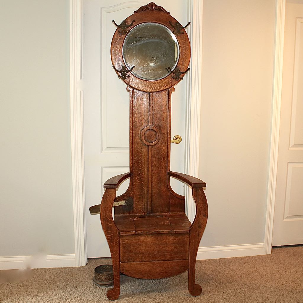 Antique Oak Mirrored Hall Tree Chair with Side Umbrella Stand EBTH