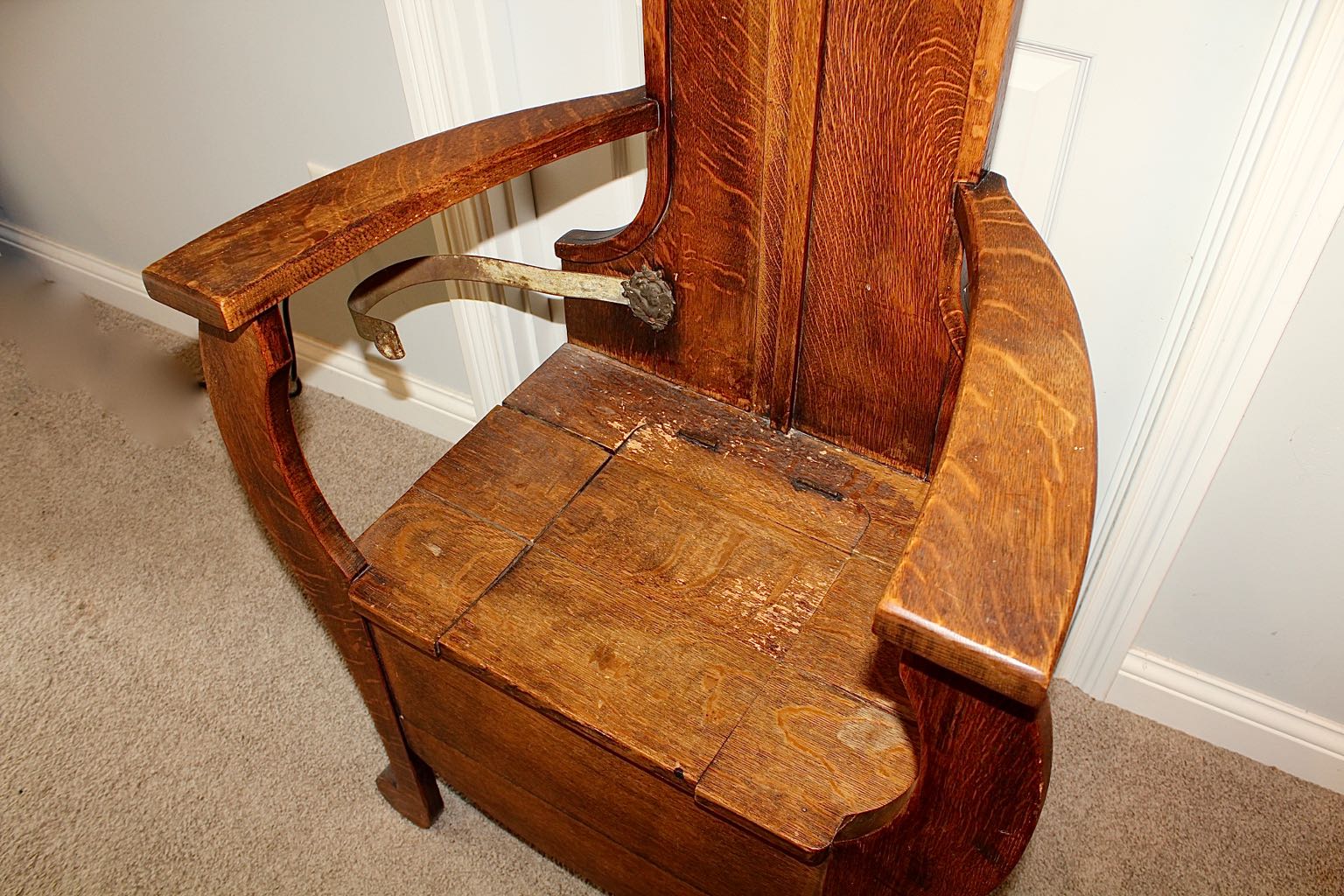 Antique Oak Mirrored Hall Tree Chair with Side Umbrella Stand EBTH