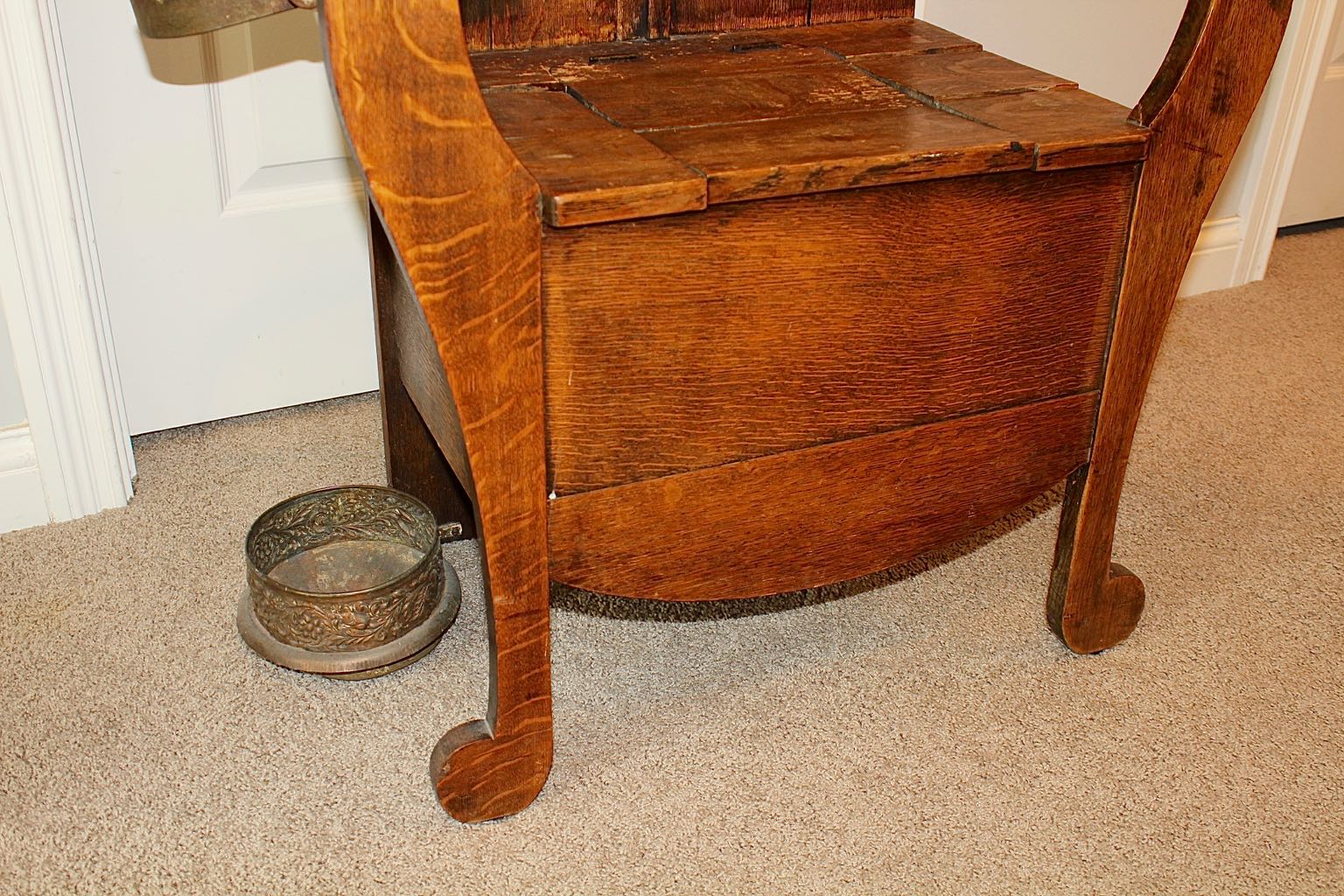 Antique Oak Mirrored Hall Tree Chair with Side Umbrella Stand EBTH