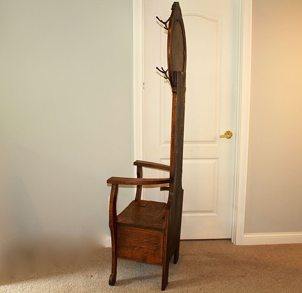 Antique Oak Mirrored Hall Tree Chair with Side Umbrella Stand EBTH