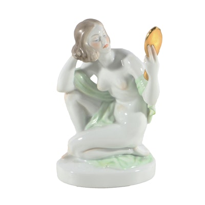 Herend Porcelain 150th Anniversary Figurine Woman with a Mirror Herend Porcelain 150th Anniversary Figurine Woman with a Mirror