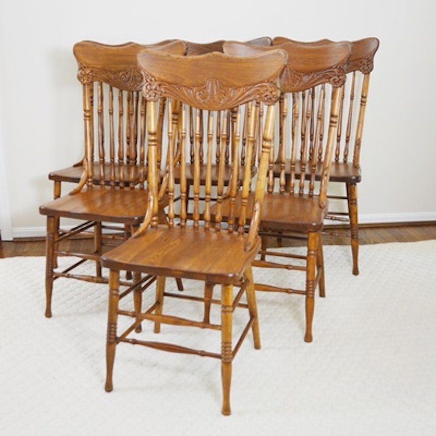 Six Vintage Carved Oak Dining Chairs