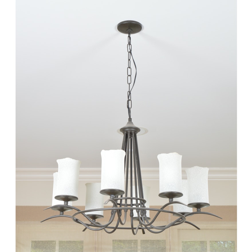 Black Metal Chandelier With Faux Pillar Candles Ebth Black Metal Chandelier With Faux Pillar Candles