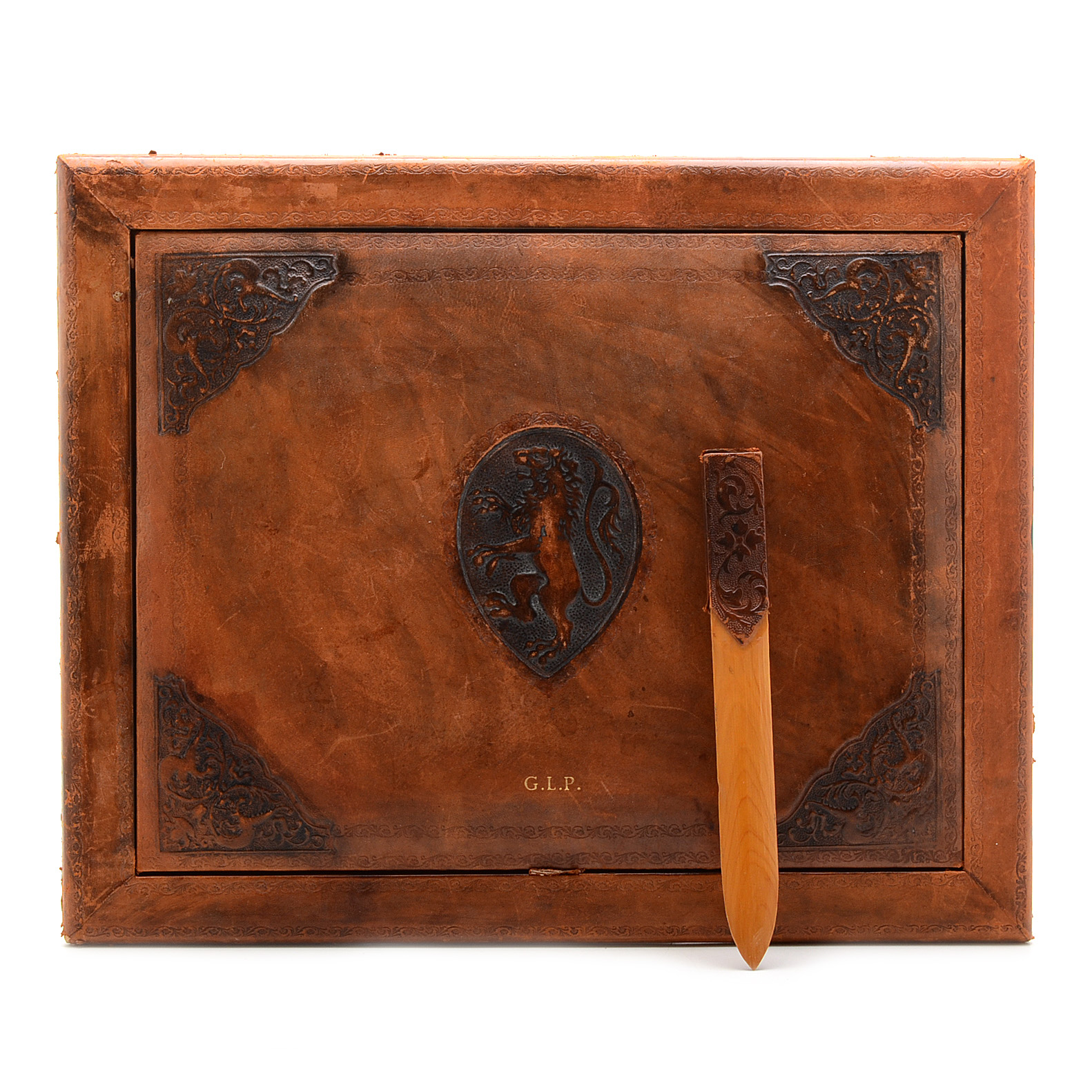 Vintage Hand Tooled Leather Desk Blotter With Letter Opener Ebth