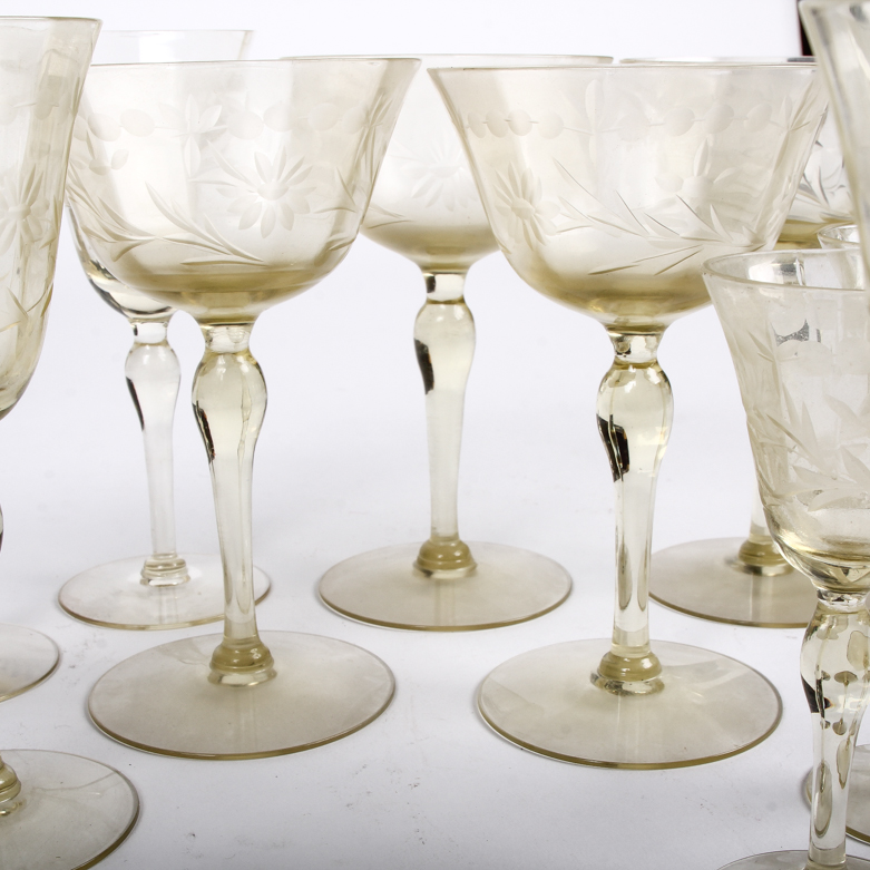 Collection of Vintage Etched Yellow Glass Stemware EBTH