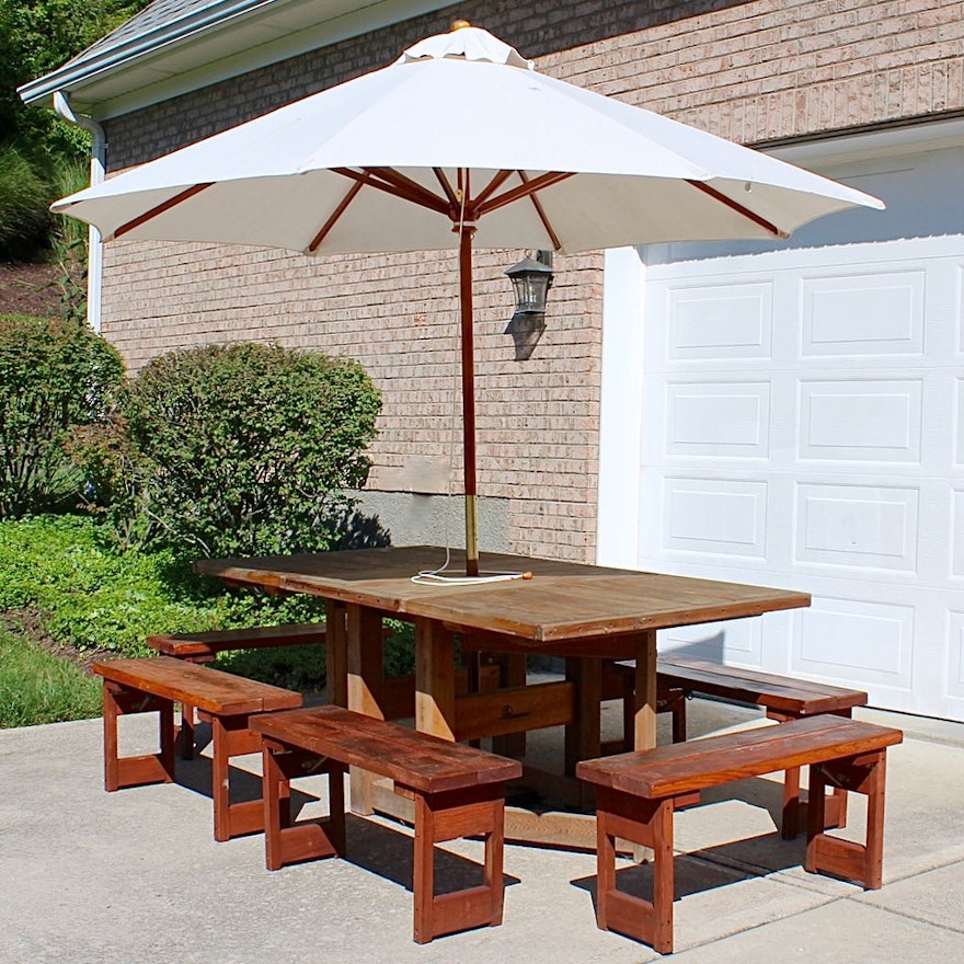 Redwood Drop Leaf Patio Table With Six Benches Canvas Umbrella Ebth Redwood Drop Leaf Patio Table With Six Benches Canvas Umbrella